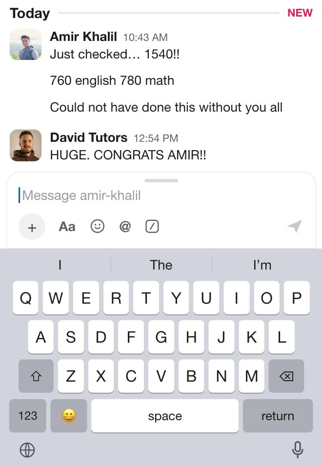 Slack message from Amir Khalil sharing a 1540 SAT score, 760 English and 780 Math.