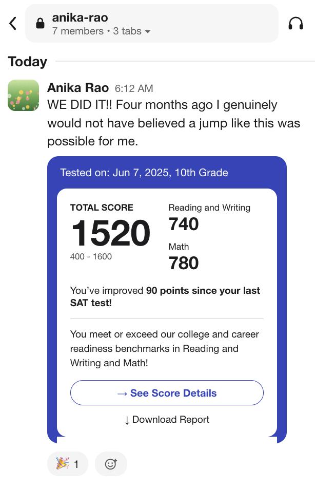 Slack message from Anika Rao sharing a 1520 SAT score, 740 Reading and Writing and 780 Math.