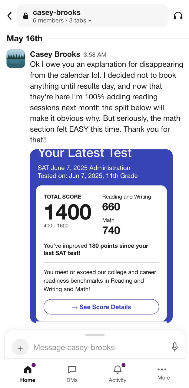 Slack message from Casey Brooks with an official 1400 SAT score report, up 180 points.