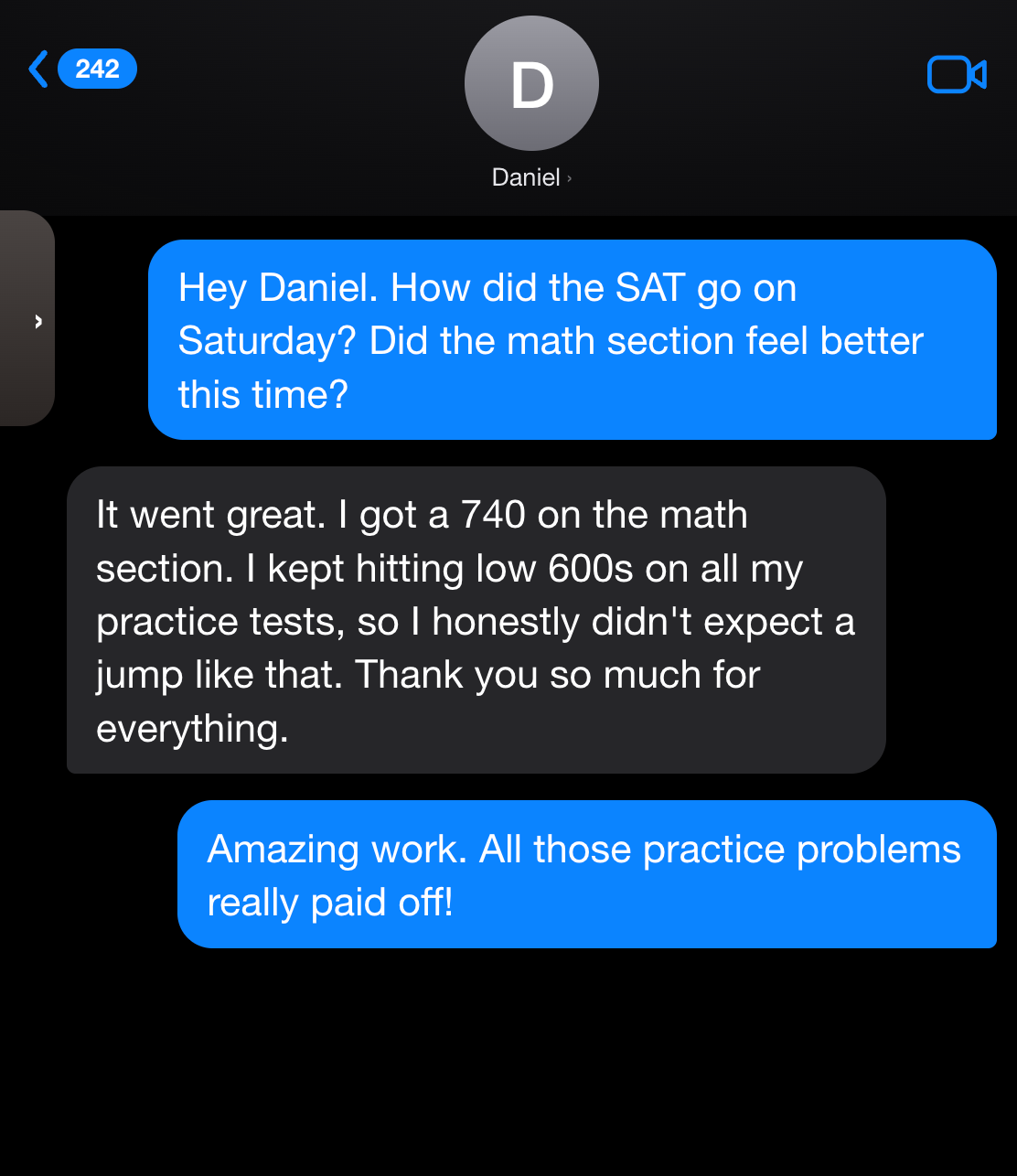 Text message from Daniel sharing a 740 on the SAT math section after months stuck in the low 600s.