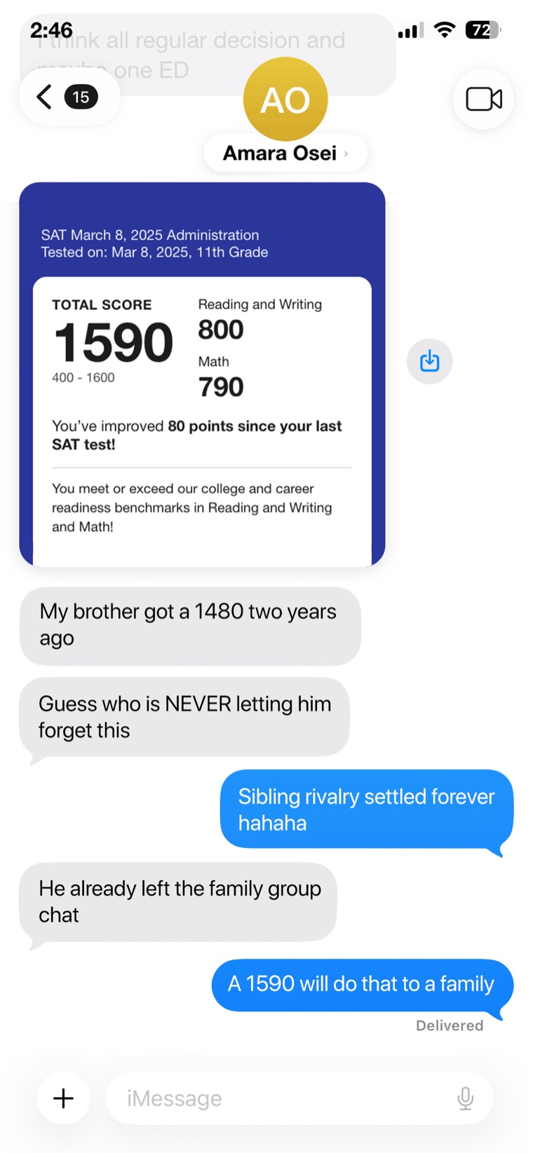 Text from Amara Osei with a 1590 SAT score report, 800 Reading and Writing and 790 Math.