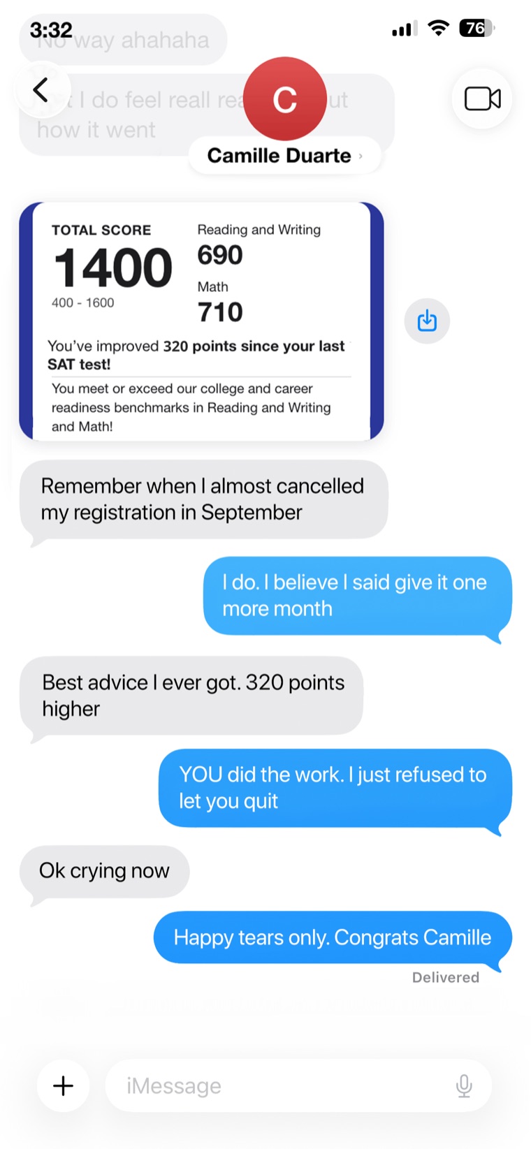 Text from Camille Duarte with a 1400 SAT score report, up 320 points after almost cancelling her registration.