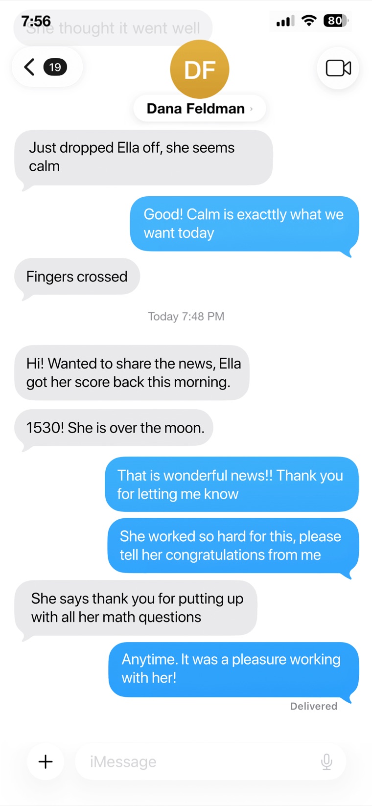 Text from Ella's mom sharing that Ella scored a 1530 on the SAT and is over the moon.
