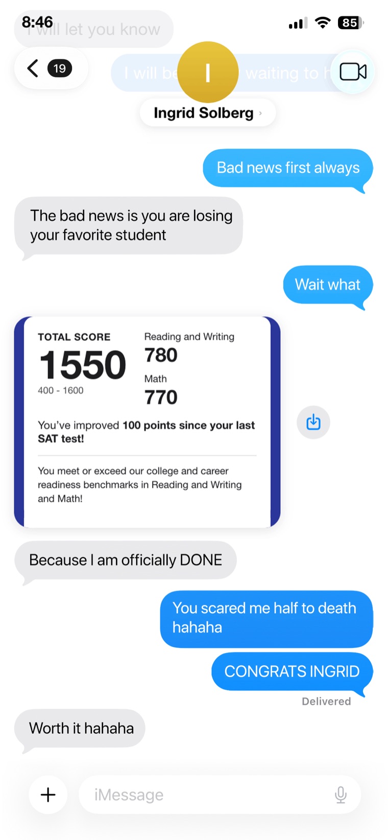 Text from Ingrid Solberg with a 1550 SAT score report, up 100 points.