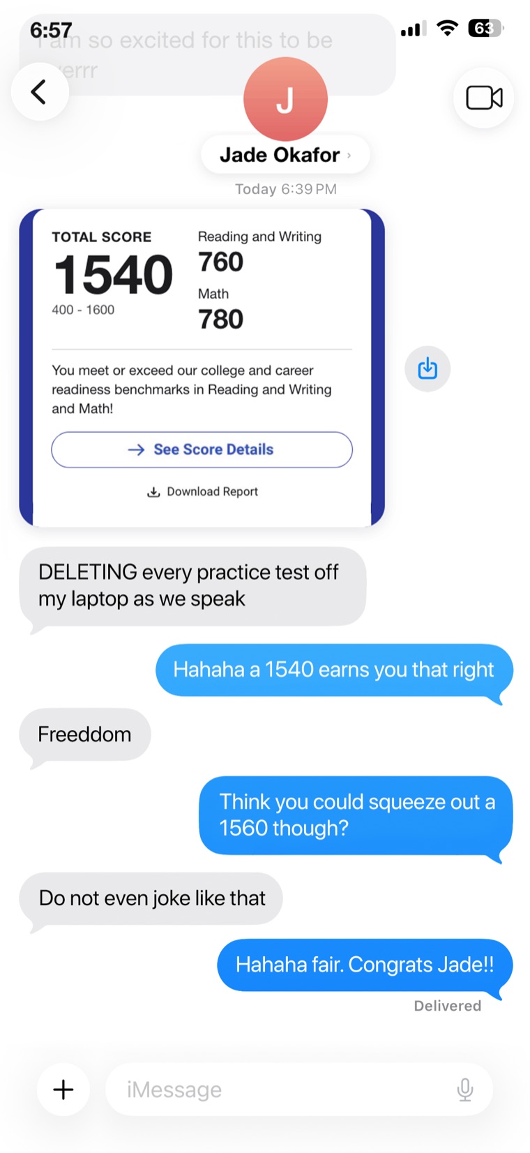 Text from Jade Okafor with a 1540 SAT score report, 760 Reading and Writing and 780 Math.