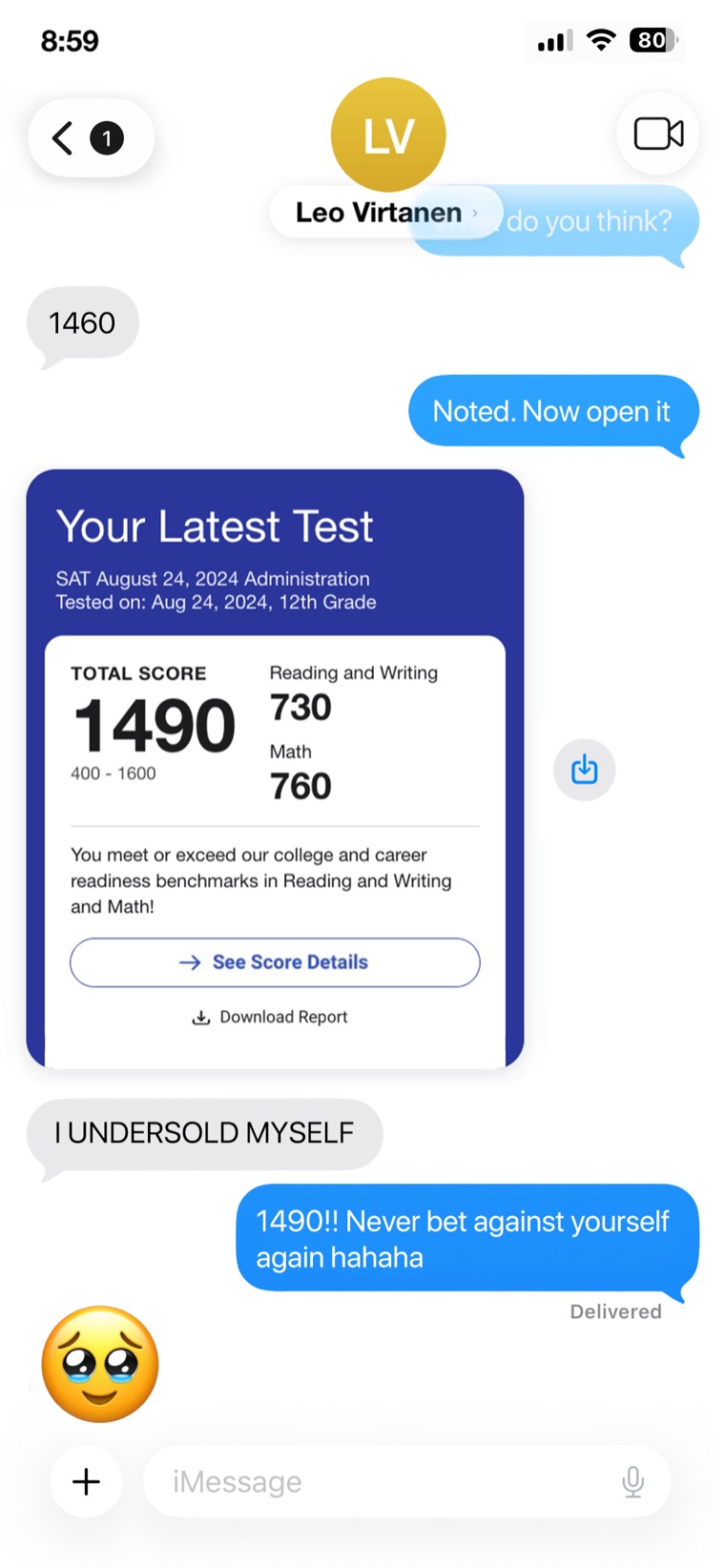 Text from Leo Virtanen with a 1490 SAT score report after predicting himself a 1460.