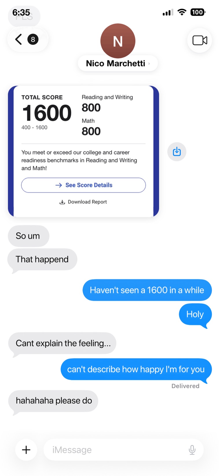 Text from Nico Marchetti with a perfect 1600 SAT score report, 800 Reading and Writing and 800 Math.