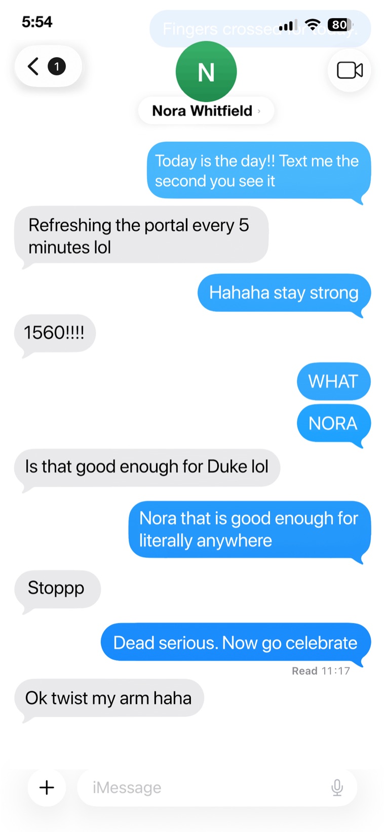 Text from Nora Whitfield sharing a 1560 SAT and asking if it is good enough for Duke.