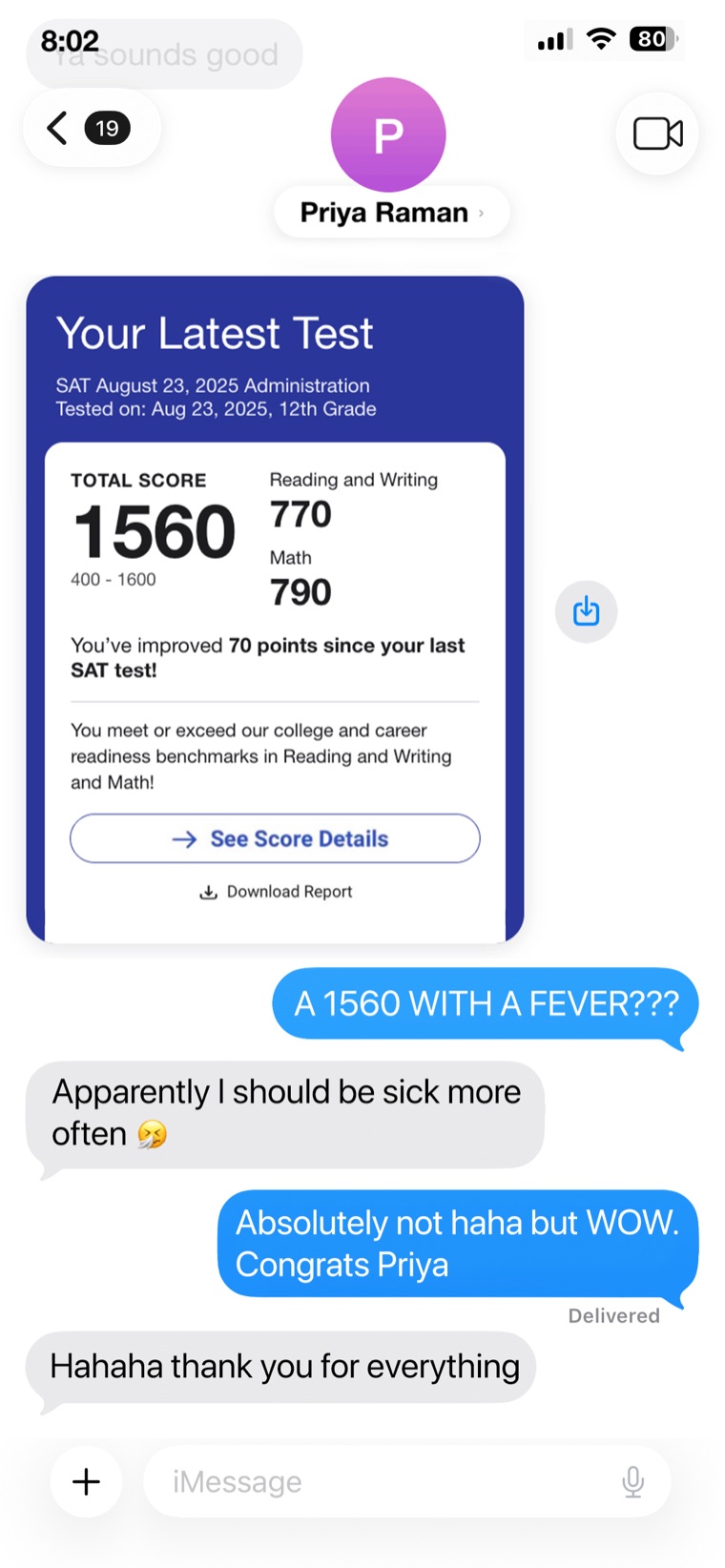 Text from Priya Raman with a 1560 SAT score report, 770 Reading and Writing and 790 Math.