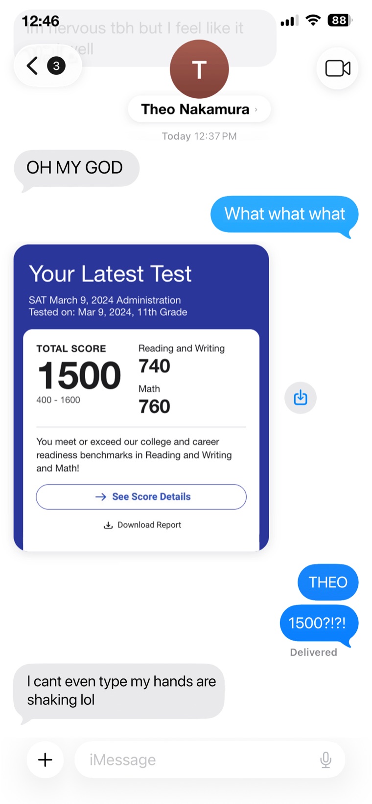 Text from Theo Nakamura with a 1500 SAT score report, 740 Reading and Writing and 760 Math.