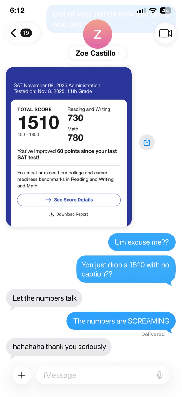 Text from Zoe Castillo with a 1510 SAT score report, 730 Reading and Writing and 780 Math.