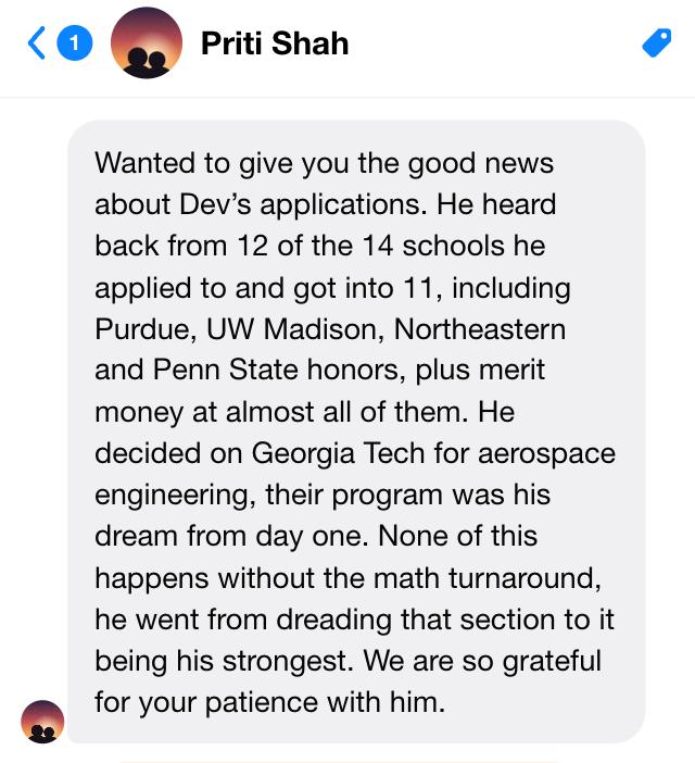 Messenger note from Priti Shah sharing that her son was admitted to 11 of 14 colleges and chose Georgia Tech for aerospace engineering.